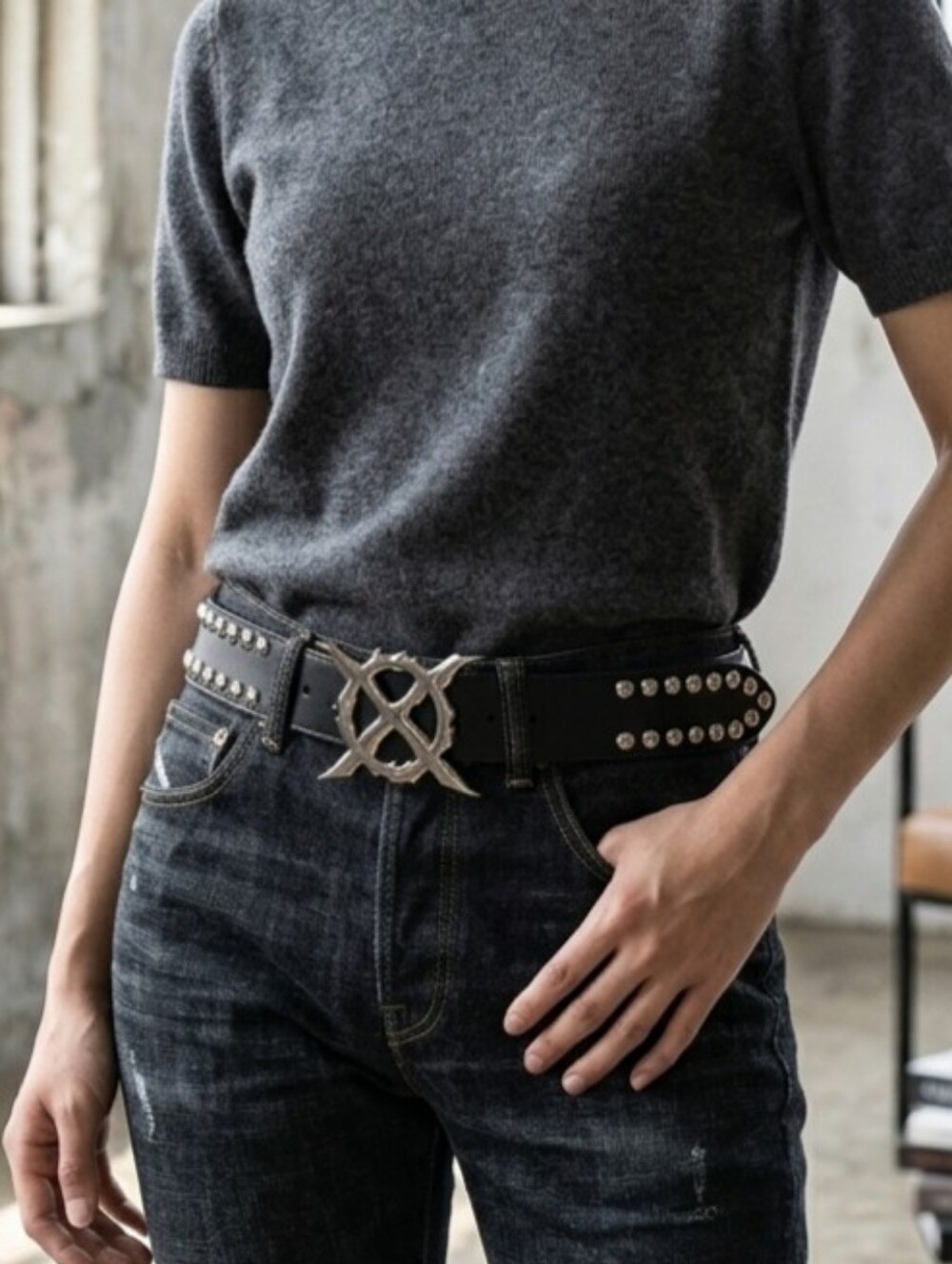 Black Studded Leather Belt Double Gothic Belt Buckles 45 Inches - Picture 7 of 7
